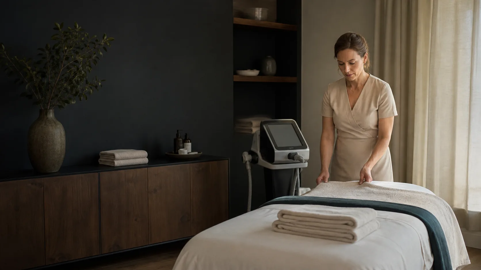 A wellness studio owner preparing a body-contouring treatment room