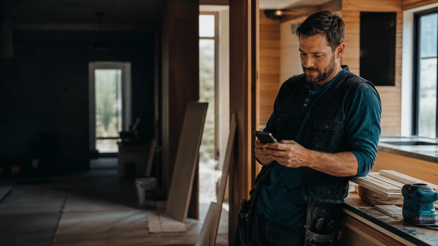 A remodeling contractor reviewing a customer inquiry between tasks