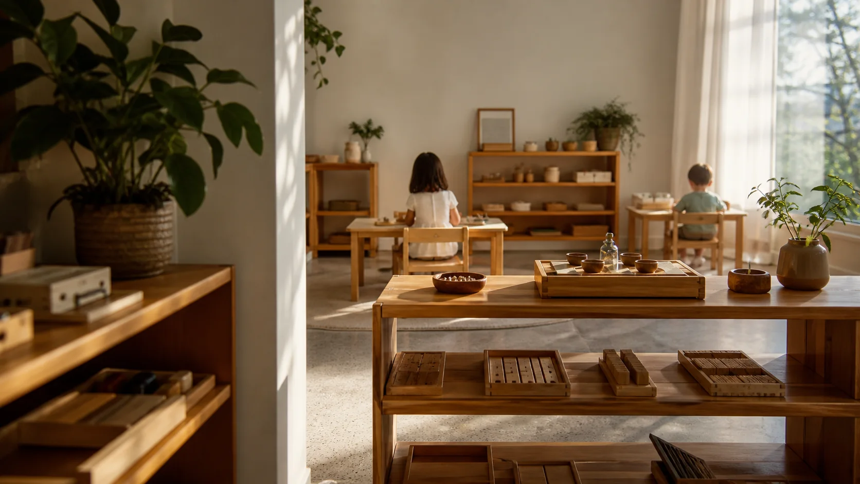 A warm Montessori classroom prepared for independent learning